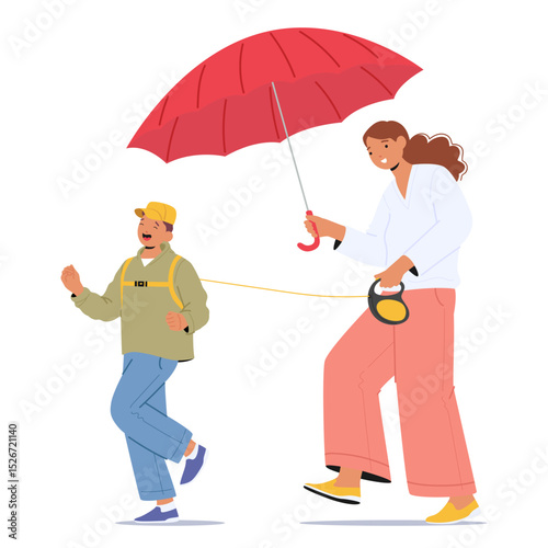 Overprotective mother walking with son holding child on leash controlling activity outdoors