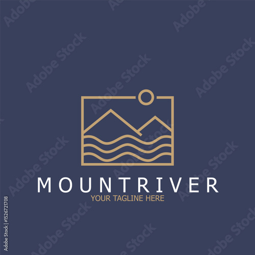 premium mountain and river line art logo and vector template