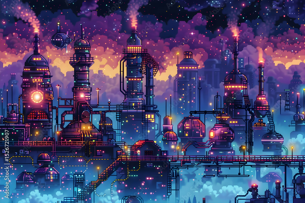 Obraz premium Futuristic Pixel Art Cityscape at Night