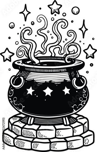 Hand Drawn Witch Cauldron on Stone Pedestal with Magic Potion