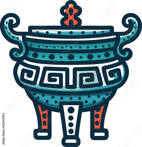 Stylized Chinese Incense Burner Illustration with Ornate Details and Vibrant Colors