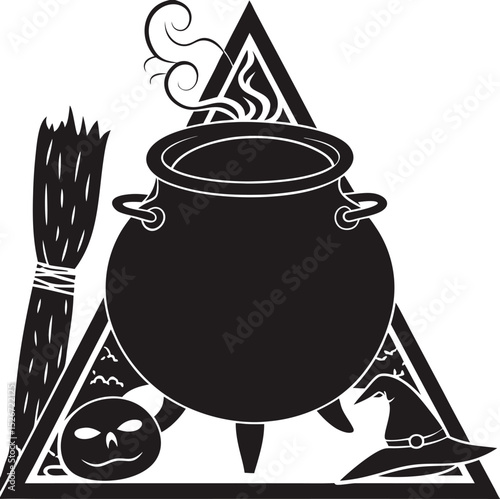 Halloween Witch Cauldron with Broom Pumpkin Hat in Triangle Frame