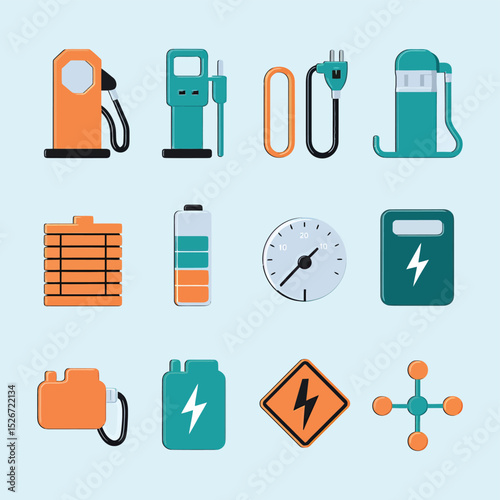 vector icons to vehicle fueling and charging a gasoline pump, an electric vehicle plug hydrogen mole