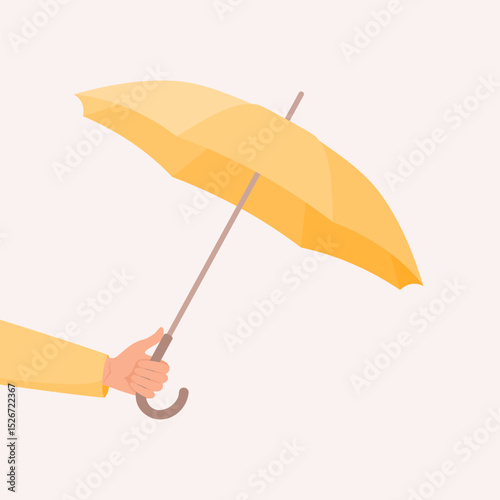 Hand in yellow sleeve holding diagonally yellow open umbrella. Flat vector illustration