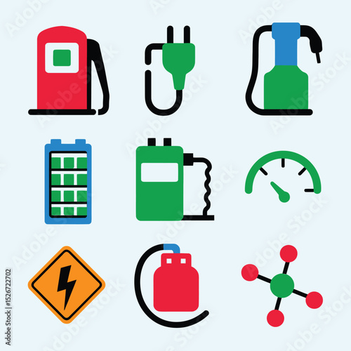 vector icons to vehicle fueling and charging a gasoline pump, an electric vehicle plug hydrogen mole