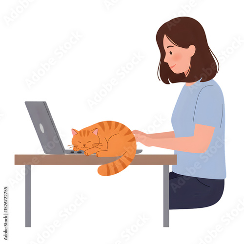 Woman working at computer with cat