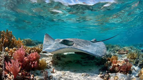 A majestic stingray glides over a vibrant coral reef in clear, shallow ocean waters.