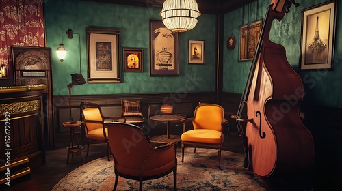 Moody bohemian jazz lounge with vintage chairs and ambient light in cozy corner bar