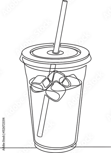 Sweet Fresh Smoothie One Line Art Vector - Plastic Cup Drink with Straw