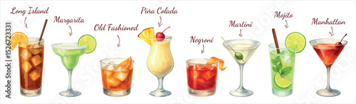 Stylish watercolor vector set of  cocktails with  names: Mojito, Margarita, Negroni, Martini, and more. Vectors isolated on white background, perfect for bar menus and drink packaging.
