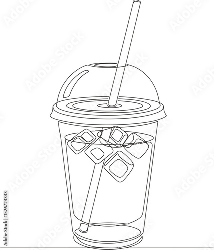 Sweet Fresh Smoothie One Line Art Vector - Plastic Cup Drink with Straw