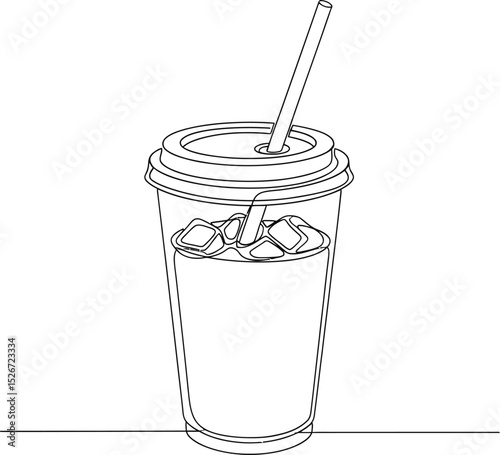 Sweet Fresh Smoothie One Line Art Vector - Plastic Cup Drink with Straw