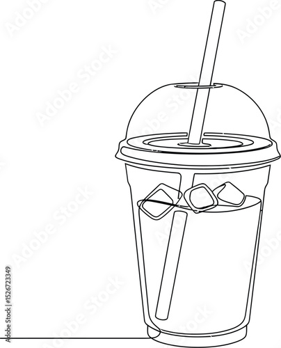 Sweet Fresh Smoothie One Line Art Vector - Plastic Cup Drink with Straw