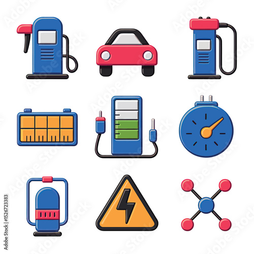 vector icons to vehicle fueling and charging a gasoline pump, an electric vehicle plug hydrogen mole