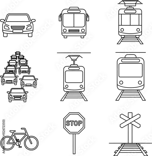 Traffic & Transit Outline Vector Icon Set - Car, Bus, Train & Tram Symbols