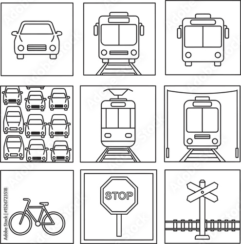 Traffic & Transit Outline Vector Icon Set - Car, Bus, Train & Tram Symbols