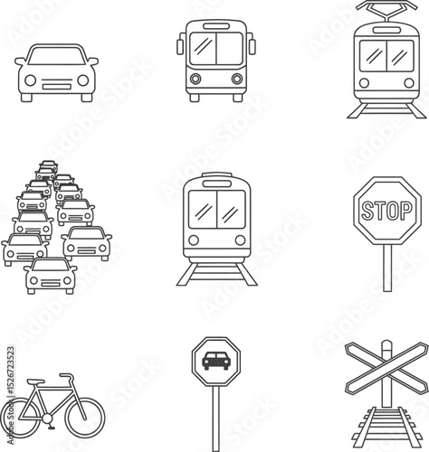 Traffic & Transit Outline Vector Icon Set - Car, Bus, Train & Tram Symbols