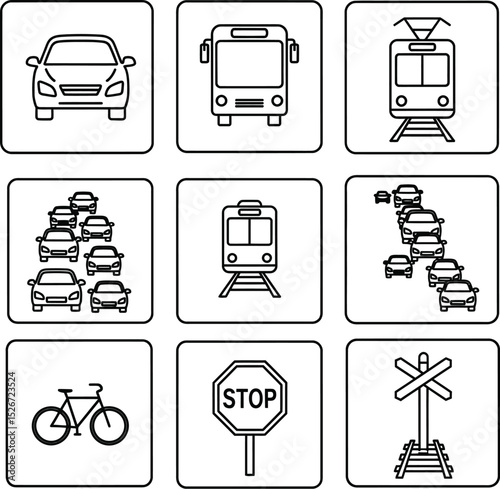 Traffic & Transit Outline Vector Icon Set - Car, Bus, Train & Tram Symbols