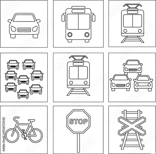 Traffic & Transit Outline Vector Icon Set - Car, Bus, Train & Tram Symbols
