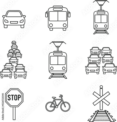 Traffic & Transit Outline Vector Icon Set - Car, Bus, Train & Tram Symbols