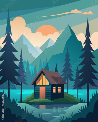 Surrounded by tall trees and a serene landscape the cabin is the perfect escape for the busy freelancer seeking solitude.. Vector illustration