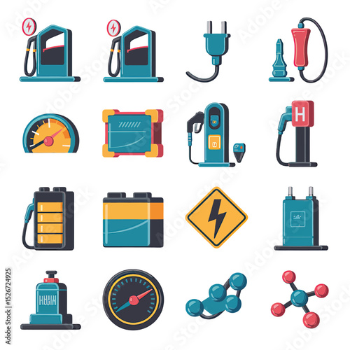 vector icons to vehicle fueling and charging a gasoline pump, an electric vehicle plug hydrogen mole