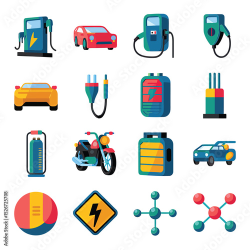 vector icons to vehicle fueling and charging a gasoline pump, an electric vehicle plug hydrogen mole