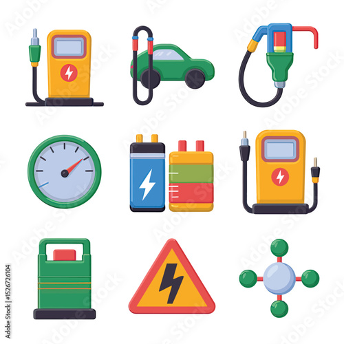 vector icons to vehicle fueling and charging a gasoline pump, an electric vehicle plug hydrogen mole