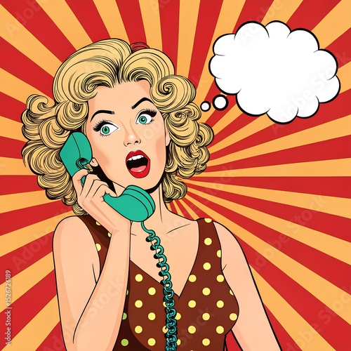 Pop Art Woman Talking on Phone with Thought Bubble.