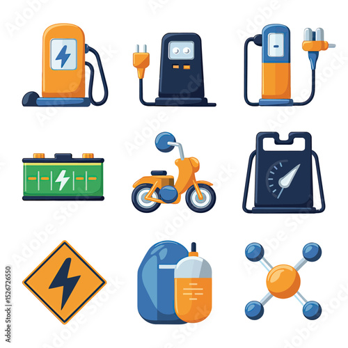 vector icons to vehicle fueling and charging a gasoline pump, an electric vehicle plug hydrogen mole