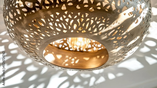 Close-up of modern Moroccan lighting fixture with intricate cutouts casting shadows on white stucco ceiling, brass and cream tones