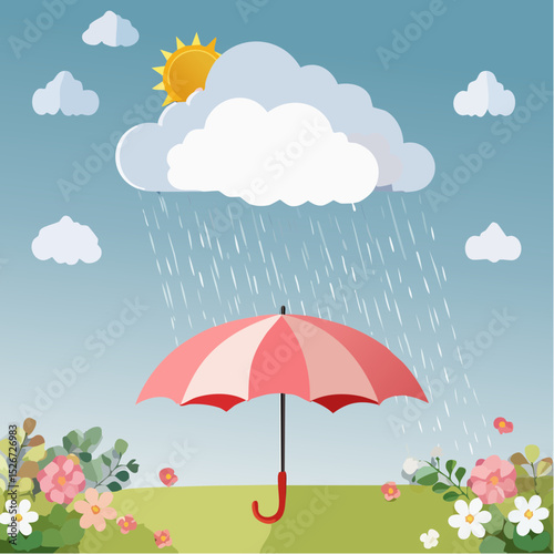 Spring rain cloud with flower umbrella
