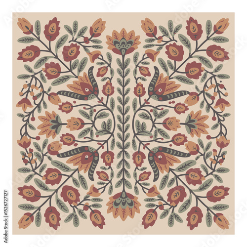 Folk Art Pattern, Symmetrical Floral Motif, Earthy Colors Design, Symmetrical Floral Folk Art Pattern with Earthy Tones