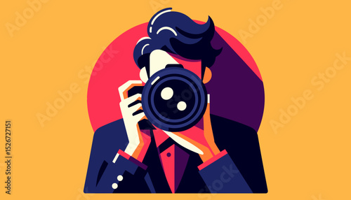 Photographer holding camera in front of face, modern flat avatar style vector in bold colors