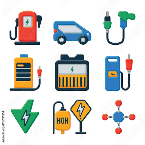 vector icons to vehicle fueling and charging a gasoline pump, an electric vehicle plug hydrogen mole