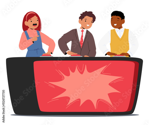 Clever kids enthusiastic participants cartoon characters playing quiz game show isolated on white