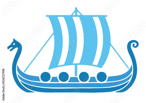 Viking ship with a sail and dragon head in blue color on a white background