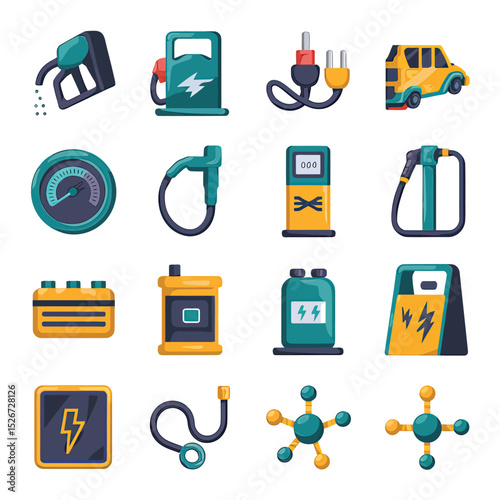 vector icons to vehicle fueling and charging a gasoline pump, an electric vehicle plug hydrogen mole