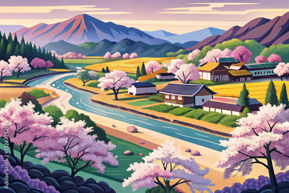 Fototapeta premium Vector illustration of a spring valley filled with blooming cherry blossoms ideal for seasonal nature themes, floral beauty, and serene scenic landscapes