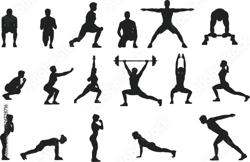 Silhouette Fitness Workout Poses Collection – Strength Training, Yoga, Squats, Lunges, Planks, Weightlifting, Home Gym Exercise flat vector illustration