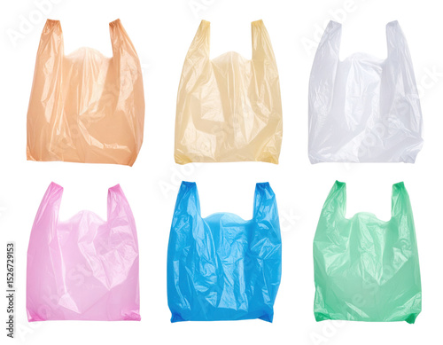 Six different colored plastic shopping bags arranged in two rows, showcasing common grocery bag shapes.