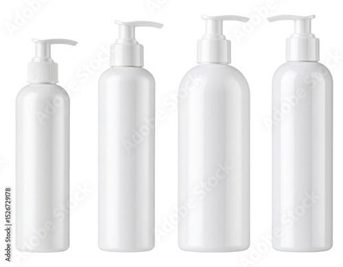 Four white plastic pump bottles of varying sizes arranged in a row, commonly used for lotions, soaps, or liquid products.