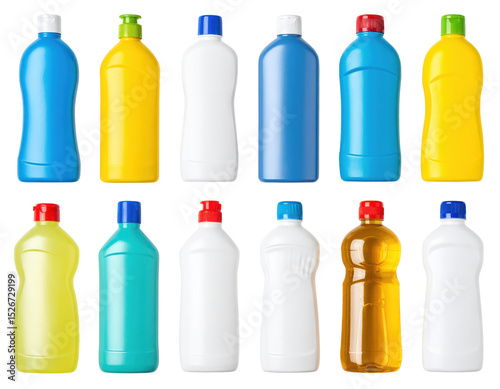 Twelve assorted plastic bottles in various colors and shapes, commonly used for household cleaning products or liquids.