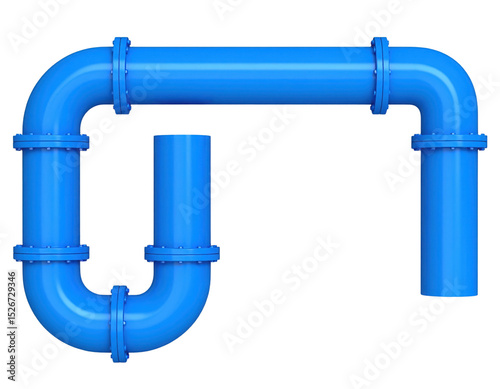 A blue industrial pipe system with multiple sections and flanges forming a rectangular shape with a vertical extension.