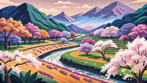 Vector illustration of a spring valley filled with blooming cherry blossoms ideal for seasonal nature themes, floral beauty, and serene scenic landscapes