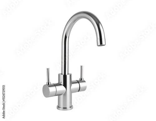 Sleek modern chrome kitchen faucet with dual handles and a curved spout.