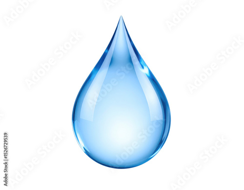 A single, glossy blue water droplet with reflective highlights, showcasing a smooth and clear surface.