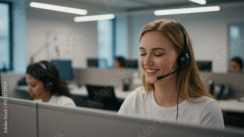 A happy call center agent smiles while assisting a customer in the office.