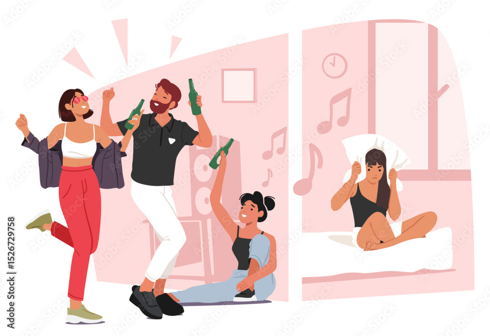 Obraz premium Woman suffering from loud party of friends in neighbor flat apartment cartoon privacy problem scene