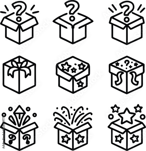 Mystery Box and Surprise Gift Icon Set in Simple Line Style